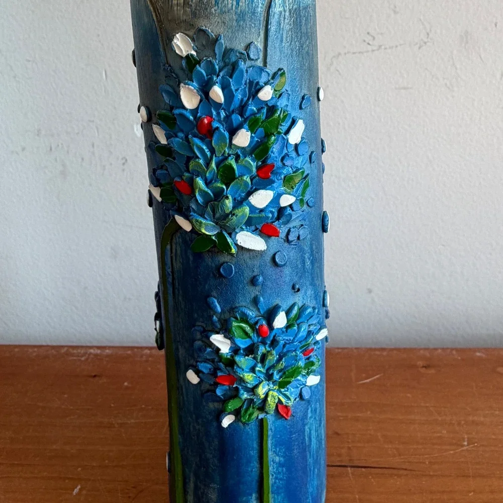 Vintage Folk Art Hand Painted Face Bud Vase Whimsical Blue Floral Pottery 7.25in